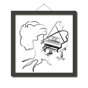 Illustration (s/w): Ein Baum spielt auf einem Klavier. Der Baum trägt eine Brille. Seine Äste benutzt er um das Klavier zu spielen. Die Wurzeln bedienen die Fußbedale. Auf dem Notenständer des Klaviers liegen Noten. Zwei Notenblätter liegen neben dem Klavier.