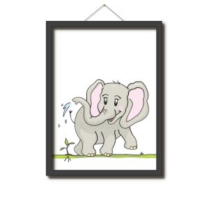 Illustration: Ein Elefantenbaby gießt mit seinem Rüssel ein kleinen Sätzling (Comic).