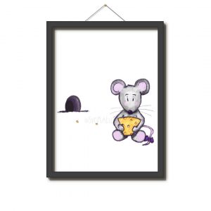 Zeichnung: Kleine Maus sitzt mit einem Stück gelben Käse in der Hand neben einem Mauseloch. Vom Mauseloch aus führt eine Käsekrümmelspur zur maus.