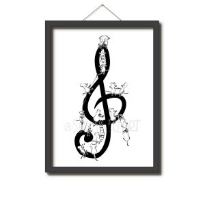 Illustration: 16 Mäuse spielen auf einem Notenschlüssel (Violinenschlüssel), Zum Beispiel macht eine Maus ein Nickerchen und schläft, eine liest ein Buch, eine Maus hängt Kopf-über und zwei Tanzen zusammen.