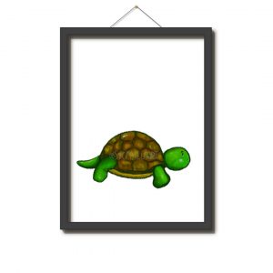 Zeichnung: Kleine Schildkröte von der Zeite gezeichnet. Sie hat einen Braun-Grünen Panzer sowie grüne Füße, Kopf und Schwanz. Die Schildkröte schaut nach rechts.