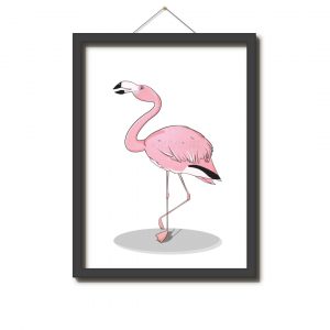 Illustration eines Flamingos. Der Flamingo ist von der Seite zu sehen. Er schaut nach links. Das Tier steht auf einem Bein.